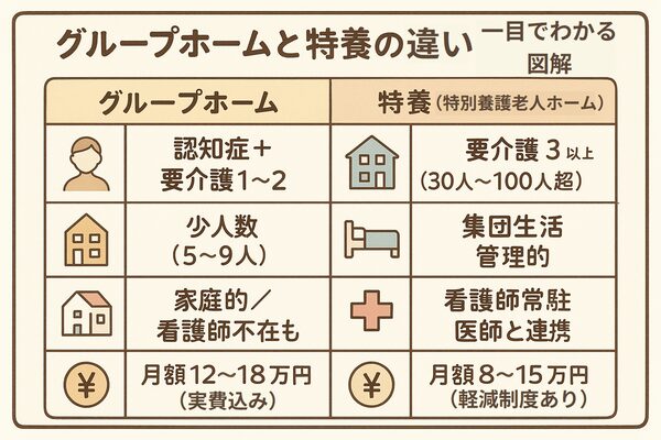 グループホームと特養(特別養護老人ホーム)の違いを比較した図解。対象者・定員・生活環境・医療体制・費用の5項目を左右に分けて視覚的に解説。グループホームは認知症+要介護1〜2で少人数、家庭的な環境。特養は要介護3以上で大規模、医療体制が整い費用も軽減制度あり。