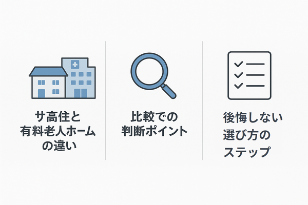 「サ高住と有料老人ホームの違い」「比較での判断ポイント」「後悔しない選び方のステップ」を3分割で示した図解。