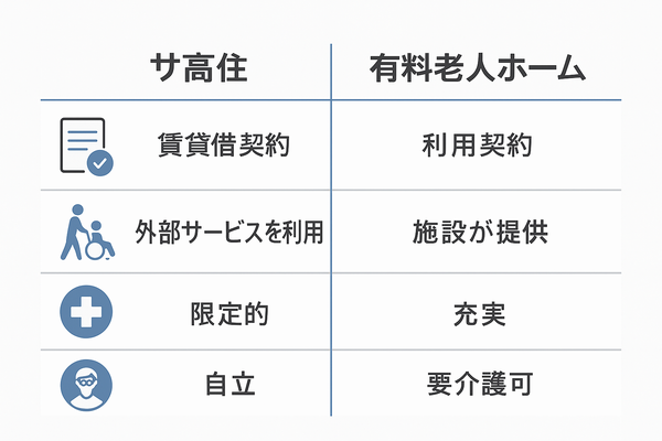 サ高住と有料老人ホームの仕組みを4項目で比較した表。契約形態・介護・医療・入居対象を左右に整理し、アイコン付きで視覚的に説明。