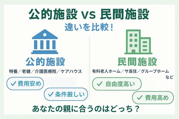 公的施設と民間施設の違いを比較した日本語チャート図。特徴や費用感を視覚的に整理。
