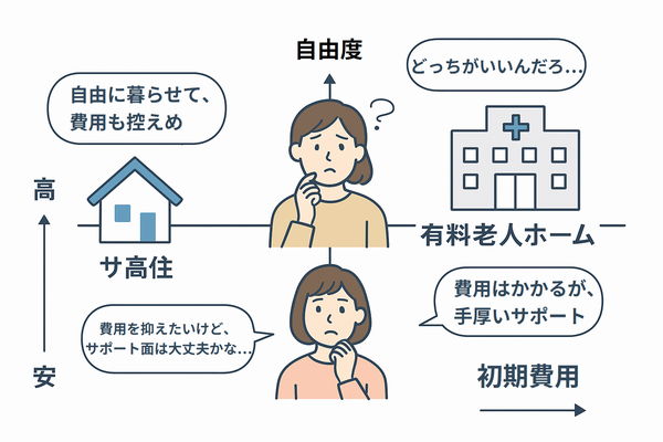 サ高住と有料老人ホームを「自由度」と「初期費用」の2軸で比較したマトリクス図。自由度が高く費用も抑えられるサ高住は左下、サポートが手厚いが費用の高い有料老人ホームは右上に配置。施設選びに迷う家族の人物イラストと吹き出し付きで、視覚的に違いがわかる構成。高齢者の住まい選びに役立つ図解。