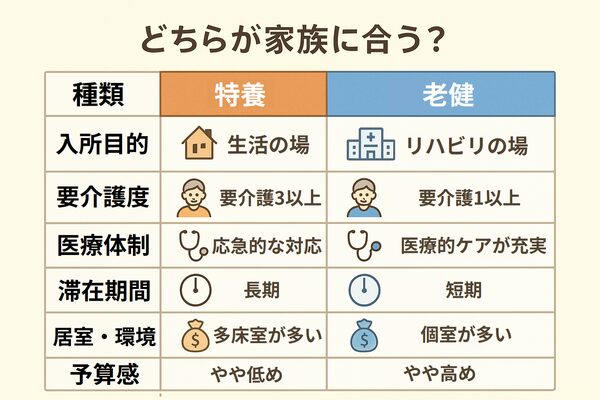 特養と老健を6つの判断軸（入所目的・要介護度・医療体制など）で比較した表。左右に分かれた構成で、内容とアイコンが対応し視覚的に違いがわかる。