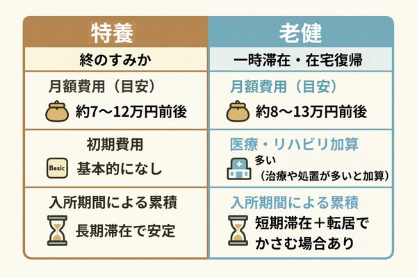 特養と老健の費用を比較した2列の図表。月額費用・初期費用・加算・累積コストの4項目を、アイコン付きで左右にわかりやすく整理。特養は安定した長期利用、老健は加算多めで短期滞在傾向が示されている。