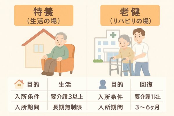 特養（生活の場）と老健（リハビリの場）の違いを比較したイラスト図。画面を左右に分け、左側には自宅の前でくつろぐ高齢者と「生活」の目的を示す特養、右側には病院の前で歩行器を使ってリハビリをする高齢者と「回復」を目的とする老健が描かれている。下部には3項目の比較表があり、「目的（特養：生活／老健：回復）」、「入所条件（特養：要介護3以上／老健：要介護1以上）」、「入所期間（特養：長期無制限／老健：3〜6ヶ月）」が記載されている。