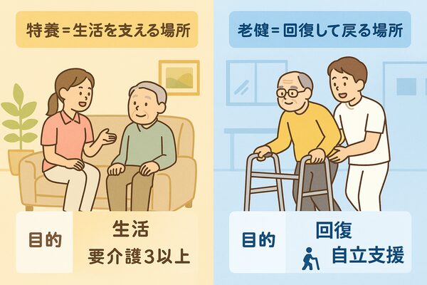 特養と老健の目的の違いをイラストで比較した図。左側は「特養＝生活を支える場所」として、家庭的な雰囲気の中でソファに座る高齢者と介護士が会話する様子が描かれている。右側は「老健＝回復して戻る場所」として、歩行器を使って訓練する高齢者とリハビリ職員が描かれ、背景は訓練室風。下部にはそれぞれの目的（特養：生活／老健：回復）と、老健側には歩行訓練を象徴するアイコンが添えられている。