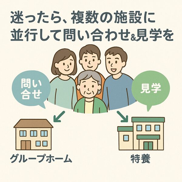 介護施設選びに迷う家族のイラスト。中央に高齢の親と子どもたちが描かれ、そこから『グループホーム（問い合わせ）』『特養（見学）』の2施設に矢印が分岐する日本語図解。タイトルは『迷ったら、複数の施設に並行して問い合わせ＆見学を』。